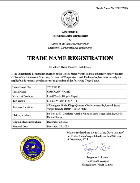 Virgin Island trade name registration certificate Word and PDF template
